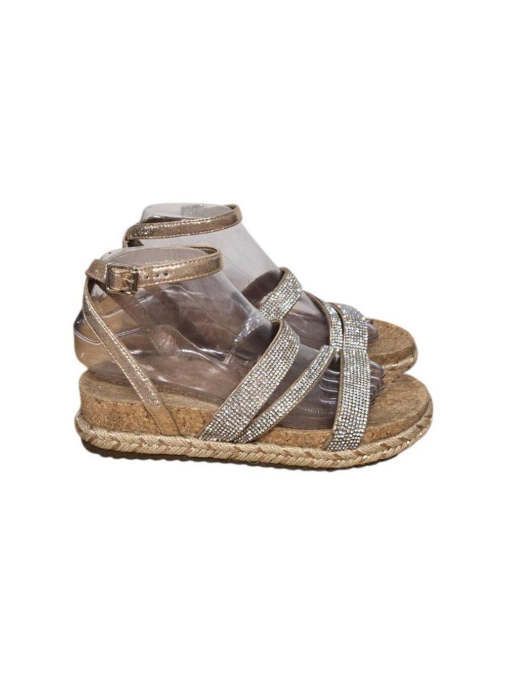 Kelly & Katie Briellan Cork Wedge Espadrille Sandals Sz 7 Gold Rhinestone  Bling